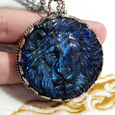 BIG MEN'S VINTAGE Natural Blue Fire Carving Labradorite Lion Face Necklace